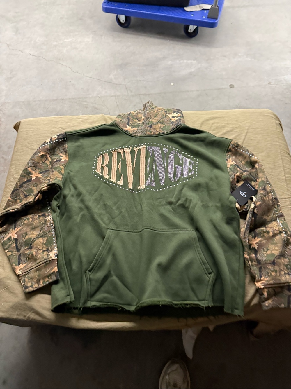 Revenge Clothing Olive Green Hoodie with Camo Sleeves size L